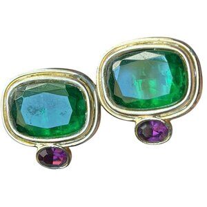 Green and Purple Glass Cab and Emerald Cut Clip-On Earrings Gold Tone 1990s